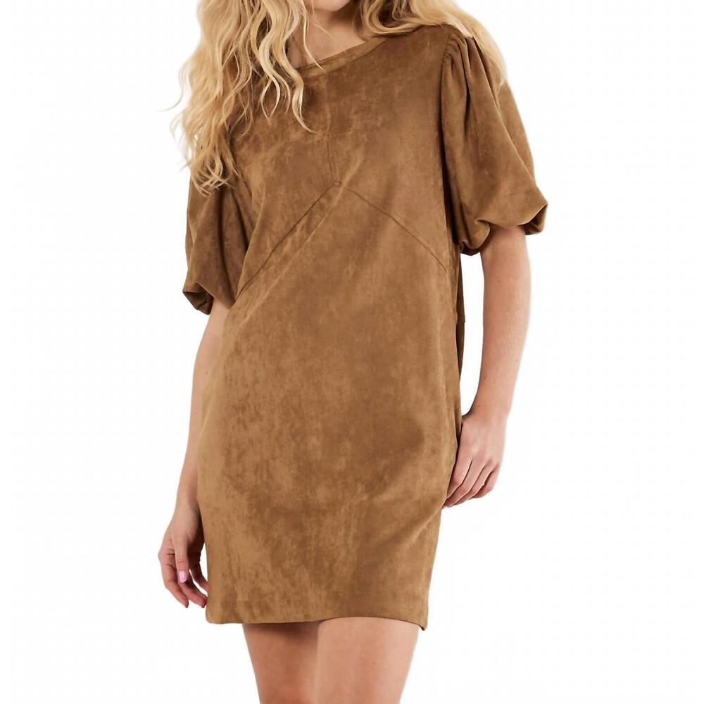 NEW APRICOT suede mini puff sleeve dress in brown